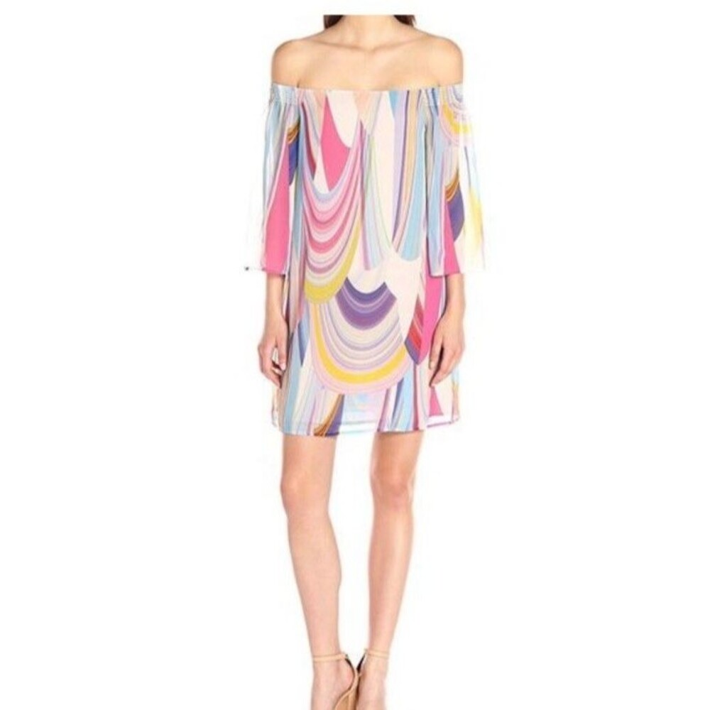 Trina Turk Amaris Rainbow Reflections Off Shoulder Shift Dress Womens Sz 2 NEW